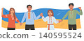 Ukrainian family dressed in vyshyvanka holding a national flag.  140595524