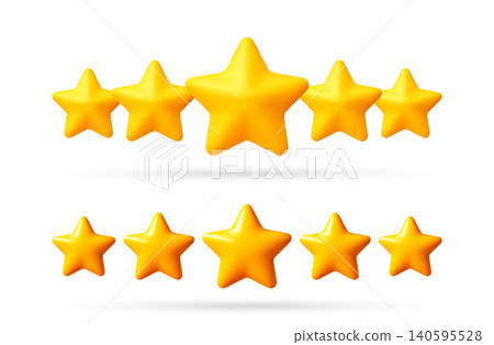 Five yellow star rating icon in 3d style. Five yellow star rating icon in 3d style. 140595528