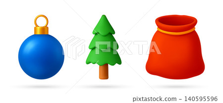 3D set of Christmas bauble, pine tree, Santa sack 3D set of Christmas bauble, pine tree, Santa sack 140595596