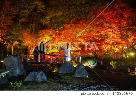 Tourist on bridge view autumn garden light up, Kurodani, Kyoto Tourist on bridge view autumn garden light up, Kurodani, Kyoto 140595670