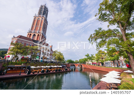 Domtoren, tower of Huis Ten Bosch and cafe by canal, Nagasaki 140595707