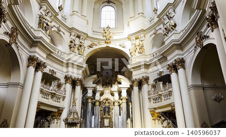 Interior view of a beautiful church showcasing ornate architecture, high ceilings and detailed decorations. Sacred space emphasizing the atmosphere of peace, spirituality and historical character Interior view of a beautiful church showcasing ornate architecture, high ceilings and detailed decorations. Sacred space emphasizing the atmosphere of peace, spirituality and historical character 140596037