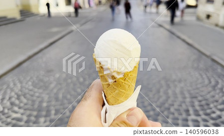 POV of male hand holding an ice cream cone while walking along city street. Blurred pedestrians pass by in the background, creating a lively urban atmosphere and emphasizing the treat in arm POV of male hand holding an ice cream cone while walking along city street. Blurred pedestrians pass by in the background, creating a lively urban atmosphere and emphasizing the treat in arm 140596038