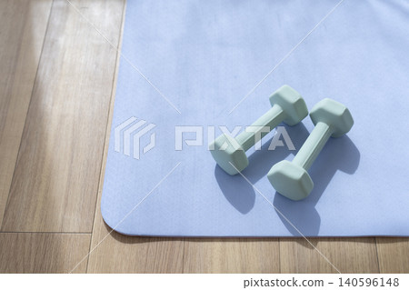 Dumbbells placed on a mat Dumbbells placed on a mat 140596148
