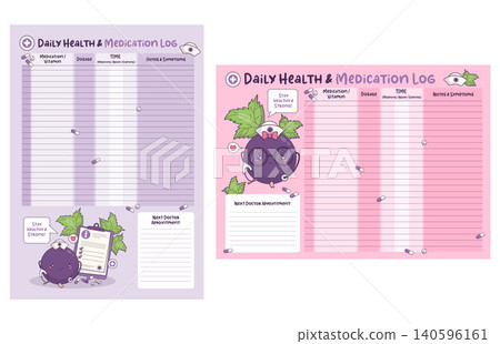 Medication Schedule and Symptom Tracker Set. Printable Wellness Planner Pages with Cute Kawaii Nurse Mascot Character. Daily Health and Medication Log. Vertical and Horizontal Vector illustration Medication Schedule and Symptom Tracker Set. Printable Wellness Planner Pages with Cute Kawaii Nurse Mascot Character. Daily Health and Medication Log. Vertical and Horizontal Vector illustration 140596161