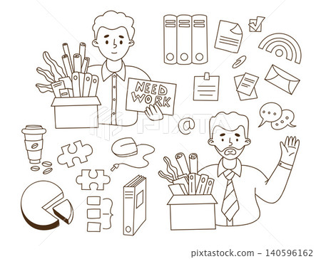 Unemployment and Job Search Set. Fired Men Characters Holding Office Boxes and Need Work Sign. Isolated Outline Doodle hand-drawn. Business Life. Vector illustration 140596162
