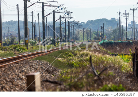 Rural railway landscape with overhead cables and yellow flowers Rural railway landscape with overhead cables and yellow flowers 140596197