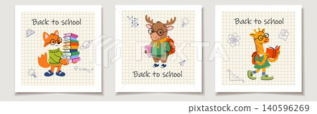 Back to School Animal Cards Set with Cute Students Back to School Animal Cards Set with Cute Students 140596269