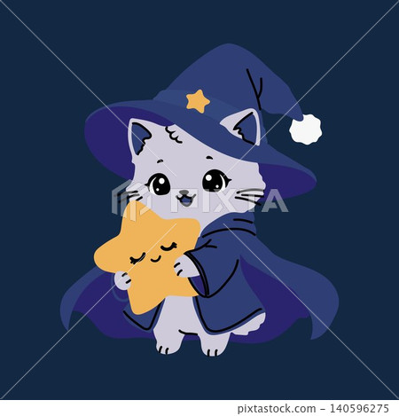 Cute Cat Mage in Blue Hat and Cape Illustration 140596275