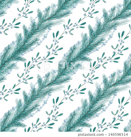 Watercolor winter seamless pattern with evergreen fir branches, pearl garlands and mistletoe branches. Hand drawn pastel Christmas botanical design for fabric, wrapping paper, packaging, holiday decor 140596514
