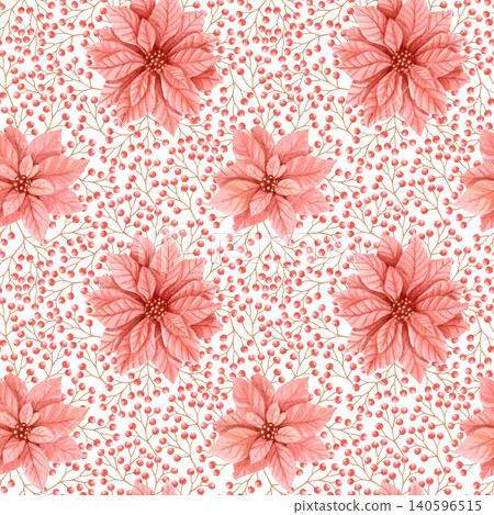 Watercolor seamless pattern with poinsettia flowers and red winter berries. Hand drawn pastel Christmas floral design for wrapping paper, fabric, textiles, stationery, festive packaging, holiday decor Watercolor seamless pattern with poinsettia flowers and red winter berries. Hand drawn pastel Christmas floral design for wrapping paper, fabric, textiles, stationery, festive packaging, holiday decor 140596515