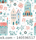 Watercolor seamless pattern with fairytale European pastel houses, winter mistletoe branches, wreaths, berries and stars. Hand drawn festive design for fabric, wrapping paper, stationery, packaging. 140596517