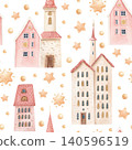 Watercolor seamless pattern with whimsical Christmas houses, stars and golden beads. Hand drawn pastel holiday design with cute fairytale town for fabric, wrapping paper, stationery and festive decor. 140596519