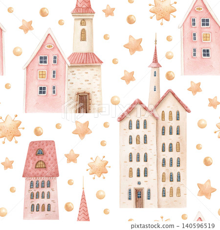 Watercolor seamless pattern with whimsical Christmas houses, stars and golden beads. Hand drawn pastel holiday design with cute fairytale town for fabric, wrapping paper, stationery and festive decor. Watercolor seamless pattern with whimsical Christmas houses, stars and golden beads. Hand drawn pastel holiday design with cute fairytale town for fabric, wrapping paper, stationery and festive decor. 140596519