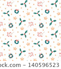 Watercolor Christmas seamless pattern with holly leaves, wreaths, winter berries, stars and pearl dots. Hand drawn festive Noel background for fabric prints, gift wrap, stationery or holiday packaging 140596523