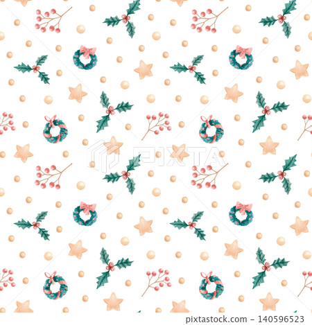 Watercolor Christmas seamless pattern with holly leaves, wreaths, winter berries, stars and pearl dots. Hand drawn festive Noel background for fabric prints, gift wrap, stationery or holiday packaging Watercolor Christmas seamless pattern with holly leaves, wreaths, winter berries, stars and pearl dots. Hand drawn festive Noel background for fabric prints, gift wrap, stationery or holiday packaging 140596523