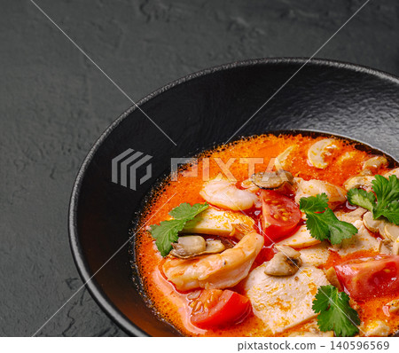 Tom yum soup with shrimp, mushrooms, and cilantro 140596569