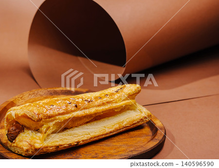 Sausage roll with flaky pastry on wooden plate Sausage roll with flaky pastry on wooden plate 140596590