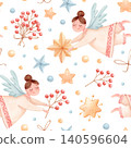 Watercolor seamless pattern with flying angels, stars, beads and winter berries. Hand drawn cute holiday design for festive wrapping paper, fabric, stationery, Christmas designs and nursery decor. 140596604