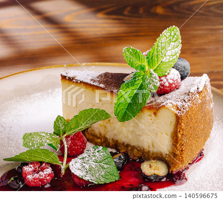 Cheesecake slice with fresh berries and mint 140596675