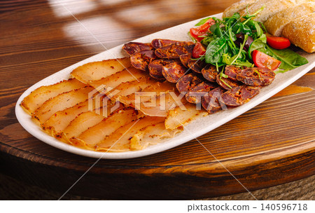 Charcuterie board with sliced sausage and smoked meat 140596718