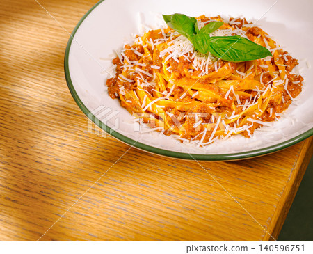 Tagliatelle pasta with bolognese sauce and parmesan Tagliatelle pasta with bolognese sauce and parmesan 140596751