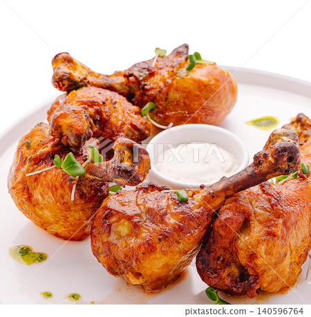 Roasted chicken drumsticks with dip on white plate Roasted chicken drumsticks with dip on white plate 140596764