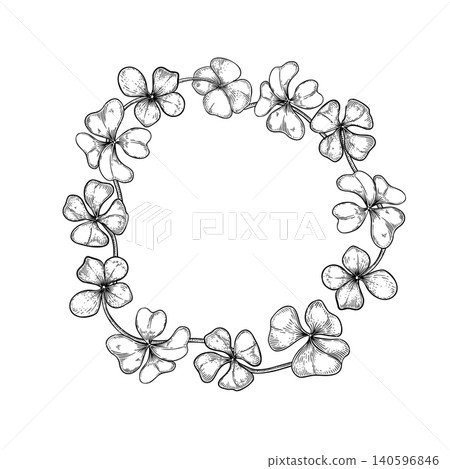 Shamrock leaves hand drawn black white vector circular frame. Four leaf clover monochrome border sketch. Irish symbol wreath line art. Outline element for St.Patricks day postcard, package. Shamrock leaves hand drawn black white vector circular frame. Four leaf clover monochrome border sketch. Irish symbol wreath line art. Outline element for St.Patricks day postcard, package. 140596846