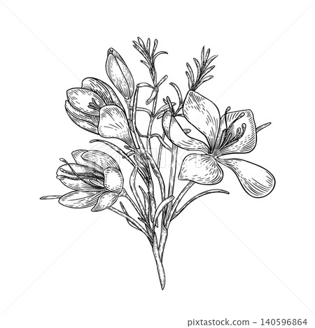 Crocus flowers vector hand drawn monochrome graphic sketch on white. Black white illustration bunch of spring wildflower and buds. Saffron drawing line art for herbal design, product package. Crocus flowers vector hand drawn monochrome graphic sketch on white. Black white illustration bunch of spring wildflower and buds. Saffron drawing line art for herbal design, product package. 140596864