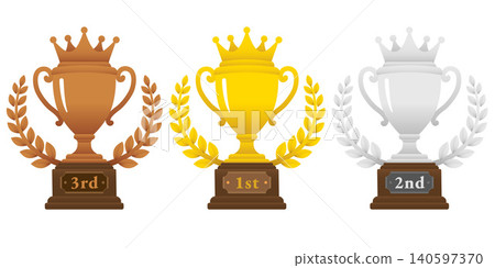 1st, 2nd, and 3rd place trophy set: gold, silver, and bronze trophies, crown, laurel wreath, and championship cup. 1st, 2nd, and 3rd place trophy set: gold, silver, and bronze trophies, crown, laurel wreath, and championship cup. 140597370
