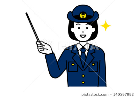 A female police officer giving directions with a pointer stick. A female police officer giving directions with a pointer stick. 140597998
