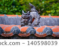 A Shisa (lion-dog statue) sitting on a red tiled roof in Chinen, Okinawa (side view) 140598039