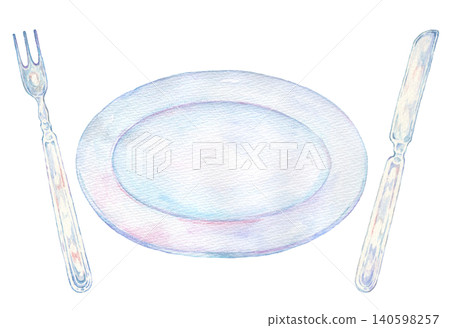 Watercolor paintings of tableware: plates, knives, and forks Watercolor paintings of tableware: plates, knives, and forks 140598257