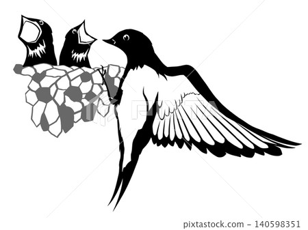 一幅剪紙風格的插圖，描繪了燕子撫育幼鳥的場景。 140598351