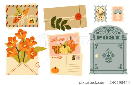 Autumn Mail Vector Set Flat Geometric Envelope Postbox Card Collection Autumn Mail Vector Set Flat Geometric Envelope Postbox Card Collection 140598444