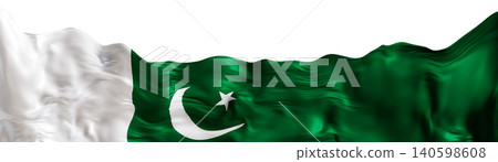 Flag of Pakistan displayed with clear background. It shows the green field and white stripe with the crescent and star design. The 3D rendering highlights the structure and design of the flag 140598608