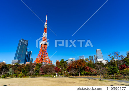 東京市中心的城市景觀,包括東京鐵塔和一片摩天大樓群。 東京市中心的城市景觀,包括東京鐵塔和一片摩天大樓群。 140599377