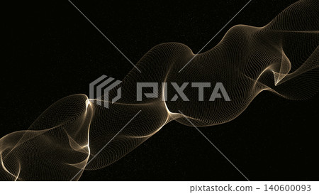 Abstract Golden Wireframe Wave with Particle Mesh on Black Background, Futuristic Digital Flow and Smooth Curves 140600093