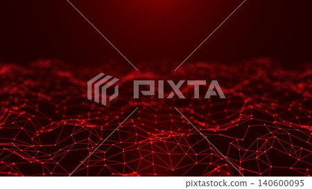 Red abstract polygon network landscape, futuristic digital grid background with connected dots, low poly technology surface and data terrain motion 140600095