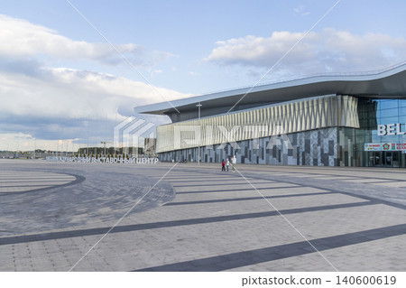 MINSK, BELARUS - JUNE 13, 2026: The main entrance and modern architectural facade of the BelExpo exhibition center 140600619