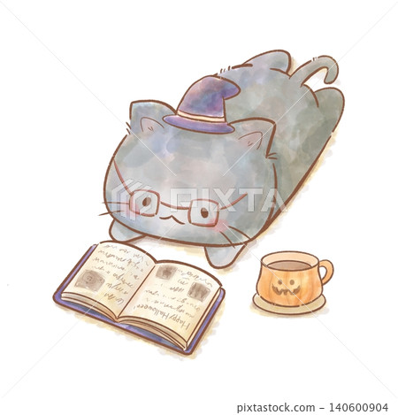 A watercolor illustration of a Halloween black cat wearing glasses and concentrating on reading. Perfect for spending long autumn nights at home, for some personal time and mental well-being. A watercolor illustration of a Halloween black cat wearing glasses and concentrating on reading. Perfect for spending long autumn nights at home, for some personal time and mental well-being. 140600904
