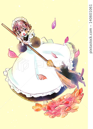 Maid holding a broom and a cat jumping on her Fallen leaves Maid holding a broom and a cat jumping on her Fallen leaves 140601061