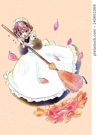 A maid holding a broom, fallen leaves, panicking, sweating. A maid holding a broom, fallen leaves, panicking, sweating. 140601069