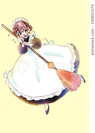 A maid holding a broom is flustered and sweating. A maid holding a broom is flustered and sweating. 140601074