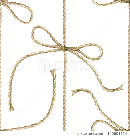 Seamless pattern with rope and a bow tied from it on a isolated background . Watercolor rustic twine ornament for holiday gift wrapping paper, parcel packaging design, maritime textiles, scrapbooking Seamless pattern with rope and a bow tied from it on a isolated background . Watercolor rustic twine ornament for holiday gift wrapping paper, parcel packaging design, maritime textiles, scrapbooking 140601254