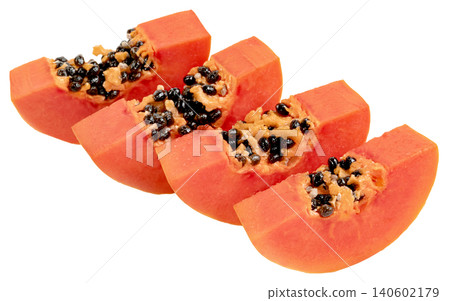 Four ripe papaya slices with black seeds isolated. Juicy tropical fruit wedges showcasing vibrant orange flesh and texture. High quality macro shot for healthy food themes. Four ripe papaya slices with black seeds isolated. Juicy tropical fruit wedges showcasing vibrant orange flesh and texture. High quality macro shot for healthy food themes. 140602179