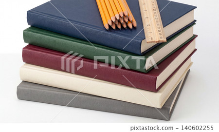 Stack of hardcover books with pencils and wooden ruler hardcover education learning literature academic knowledge university textbooks supplies stationery sharpened bookshelf research Stack of hardcover books with pencils and wooden ruler hardcover education learning literature academic knowledge university textbooks supplies stationery sharpened bookshelf research 140602255