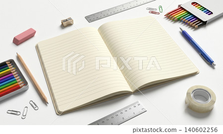 Open notebook with stationery supplies on white surface notebook stationery education supplies planning creative colorful organized isolated background learning academic equipment Open notebook with stationery supplies on white surface notebook stationery education supplies planning creative colorful organized isolated background learning academic equipment 140602256