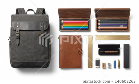 Dark fabric backpack with leather accents and office supplies backpack stationery notebook supplies academic education professional organizer illustration textured accessory creative Dark fabric backpack with leather accents and office supplies backpack stationery notebook supplies academic education professional organizer illustration textured accessory creative 140602262