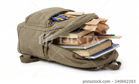 Overstuffed green fabric backpack filled with books and paper backpack overflowing education supplies learning academic textbooks rucksack knowledge organization disorganized portable Overstuffed green fabric backpack filled with books and paper backpack overflowing education supplies learning academic textbooks rucksack knowledge organization disorganized portable 140602263